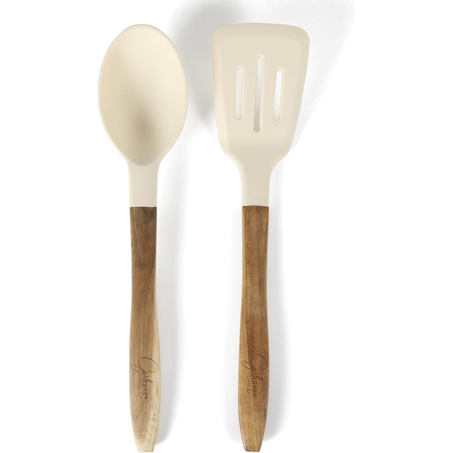 Utensilios de cocina de silicona blanca con mango de madera, vista frontal