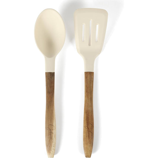 Utensilios de cocina de silicona blanca con mango de madera, vista frontal