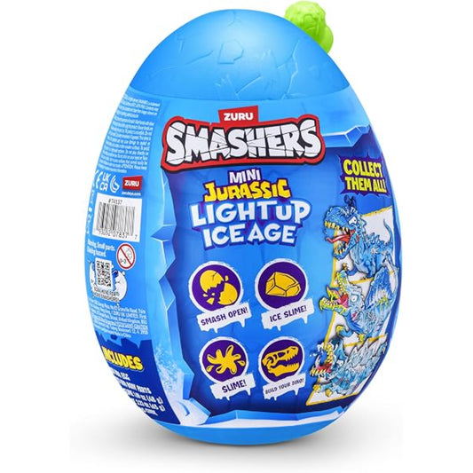 Huevo Smashers mini jurásico azul, vista lateral, juguete coleccionable con slime