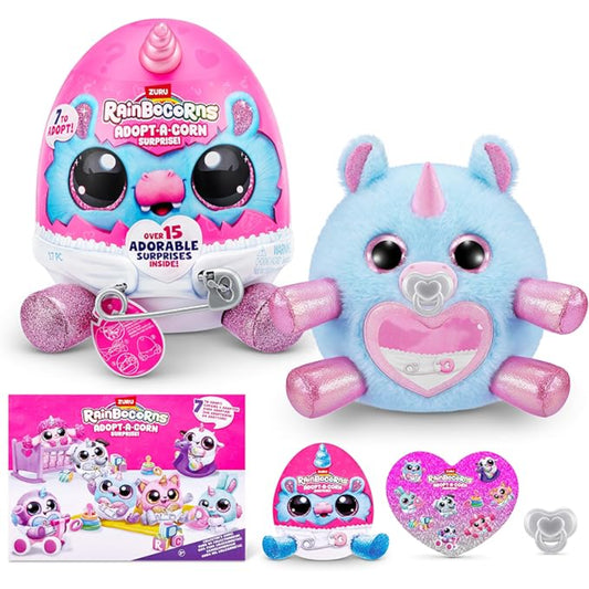 Peluche de unicornio azul y rosa con sorpresa, vista frontal y colorido diseño