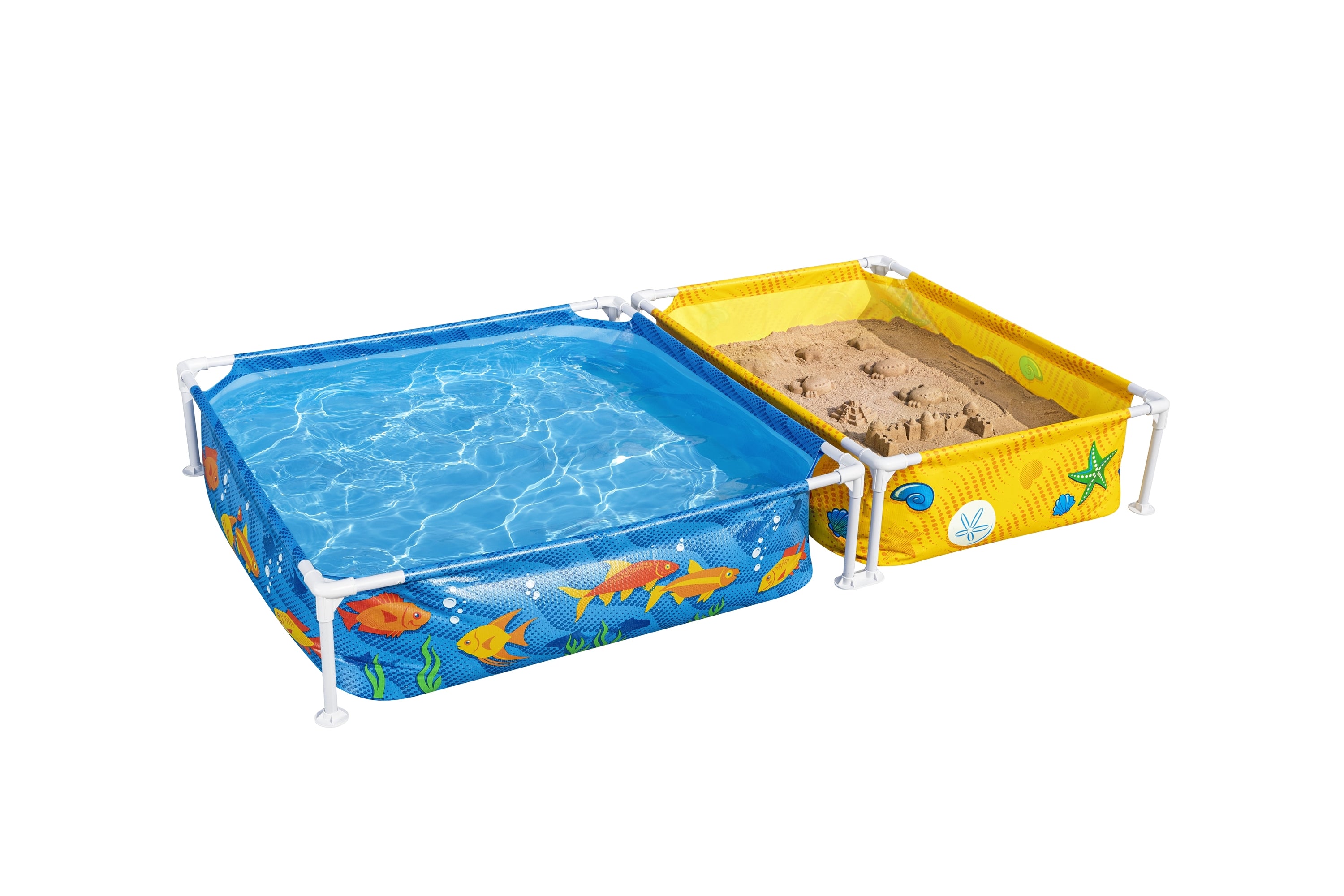 Piscina infantil con tubos Bestway, azul y amarillo, vista lateral con agua y arena.