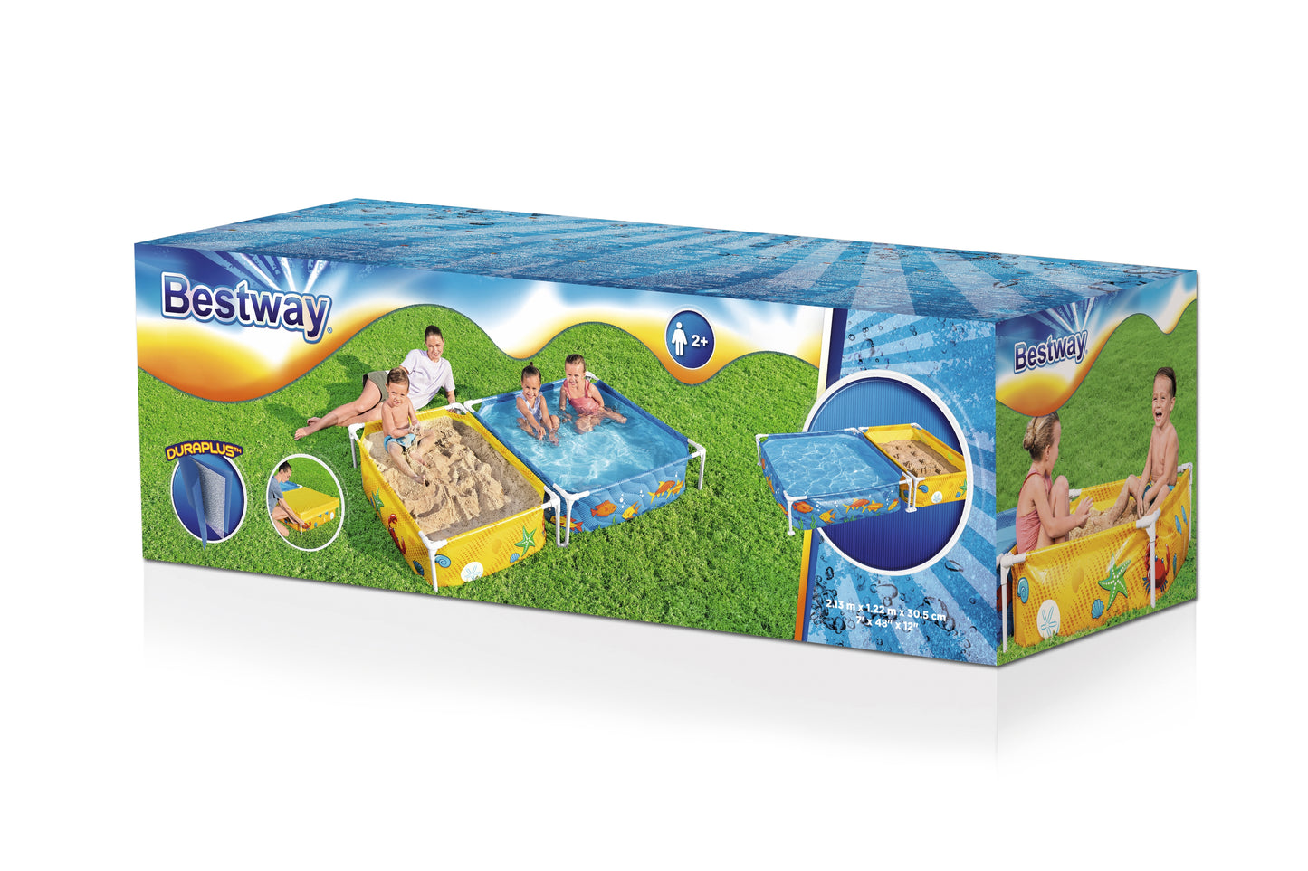 Piscina infantil con tubos Bestway, modelo colorido, vista frontal en campo verde