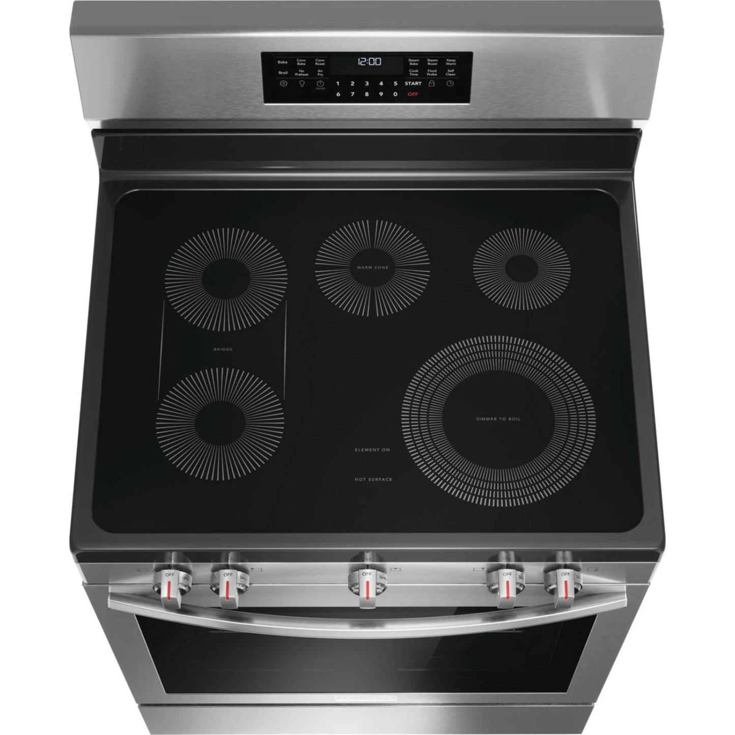 Estufa eléctrica con freidora de aire Frigidaire en color acero inoxidable con superficie de cocción plana