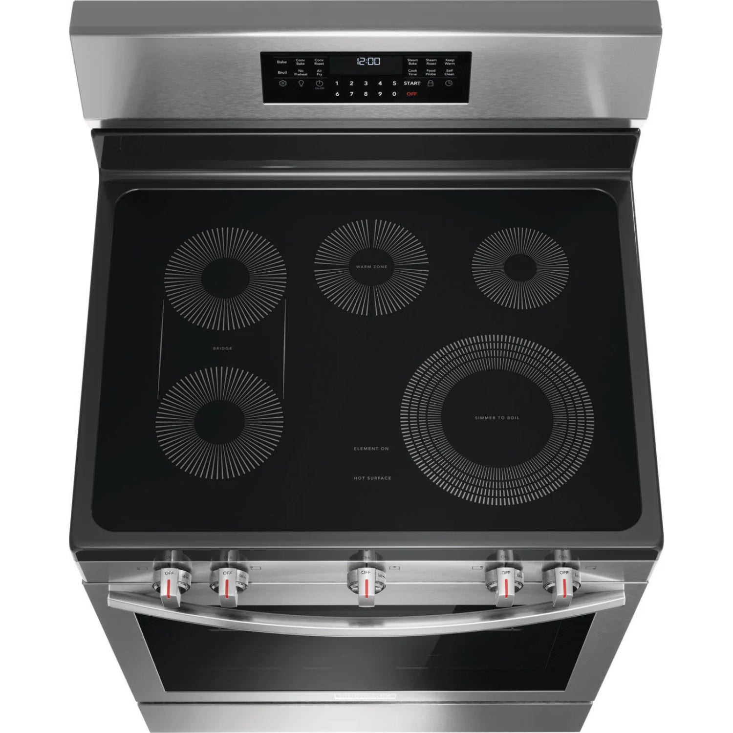 Estufa eléctrica con freidora de aire Frigidaire en color acero inoxidable con superficie de cocción plana