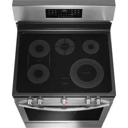 Estufa eléctrica con freidora de aire Frigidaire en color acero inoxidable con superficie de cocción plana