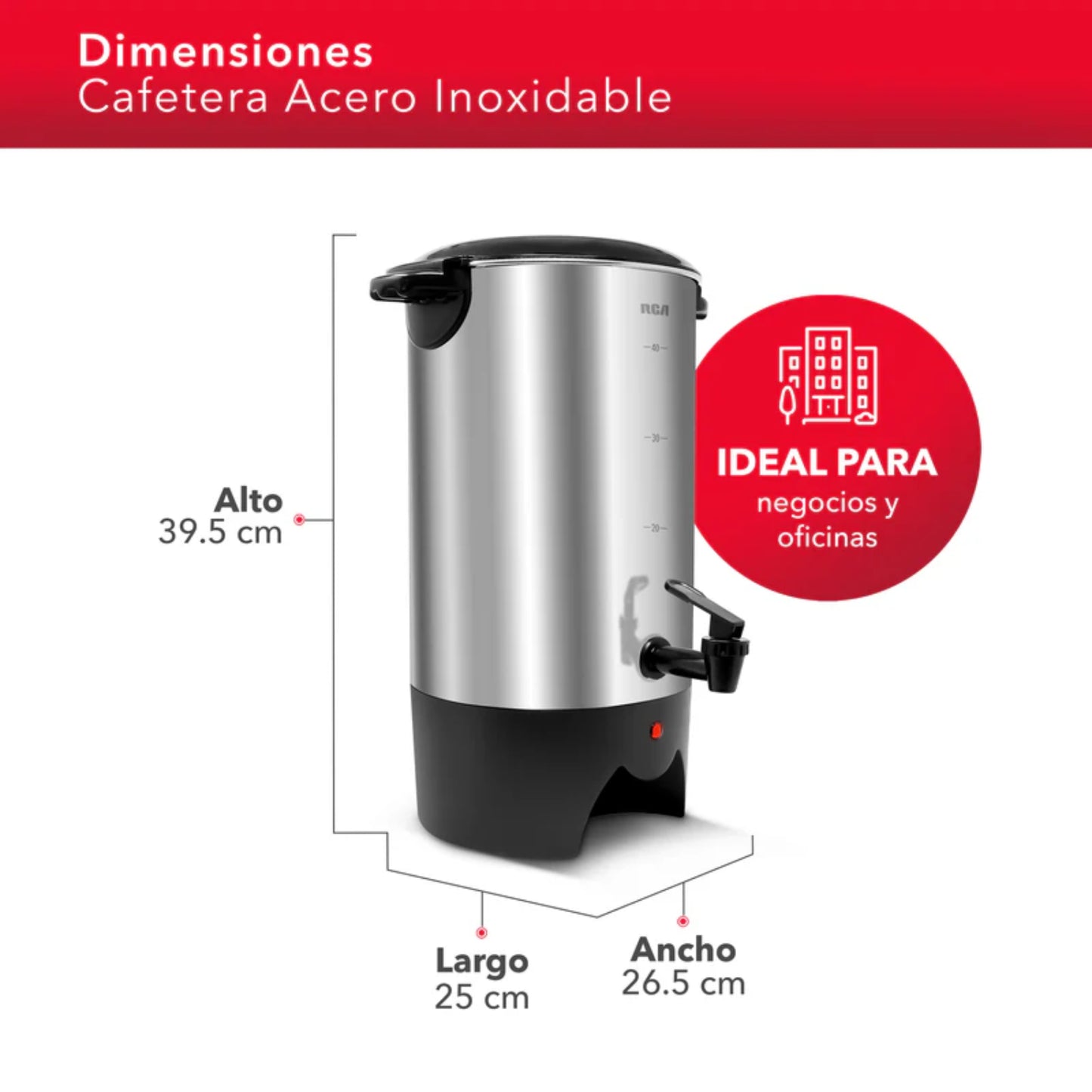 Percoladora RCA 40 Tazas Acero Inoxidable | 1000W + Asas Frías + Luz Indicadora | Modelo RCUR16