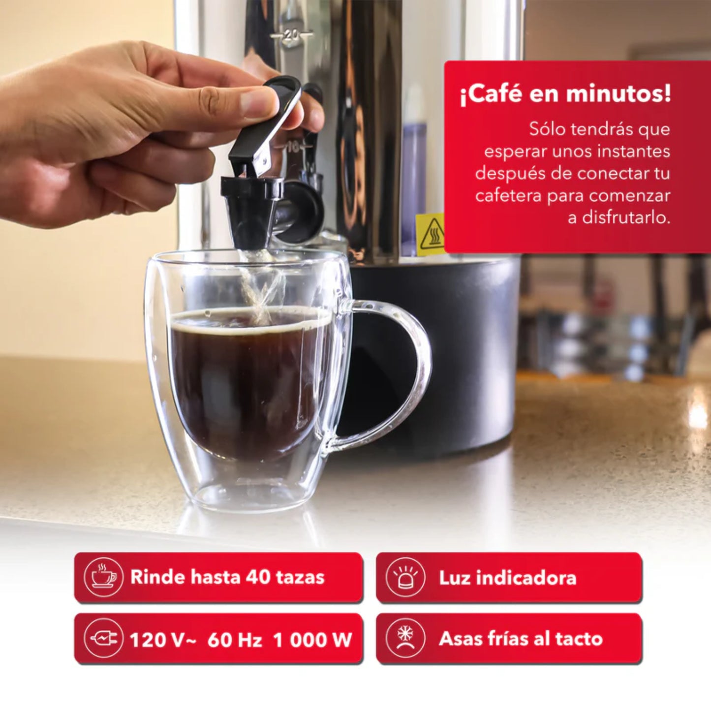 Percoladora RCA 40 Tazas Acero Inoxidable | 1000W + Asas Frías + Luz Indicadora | Modelo RCUR16