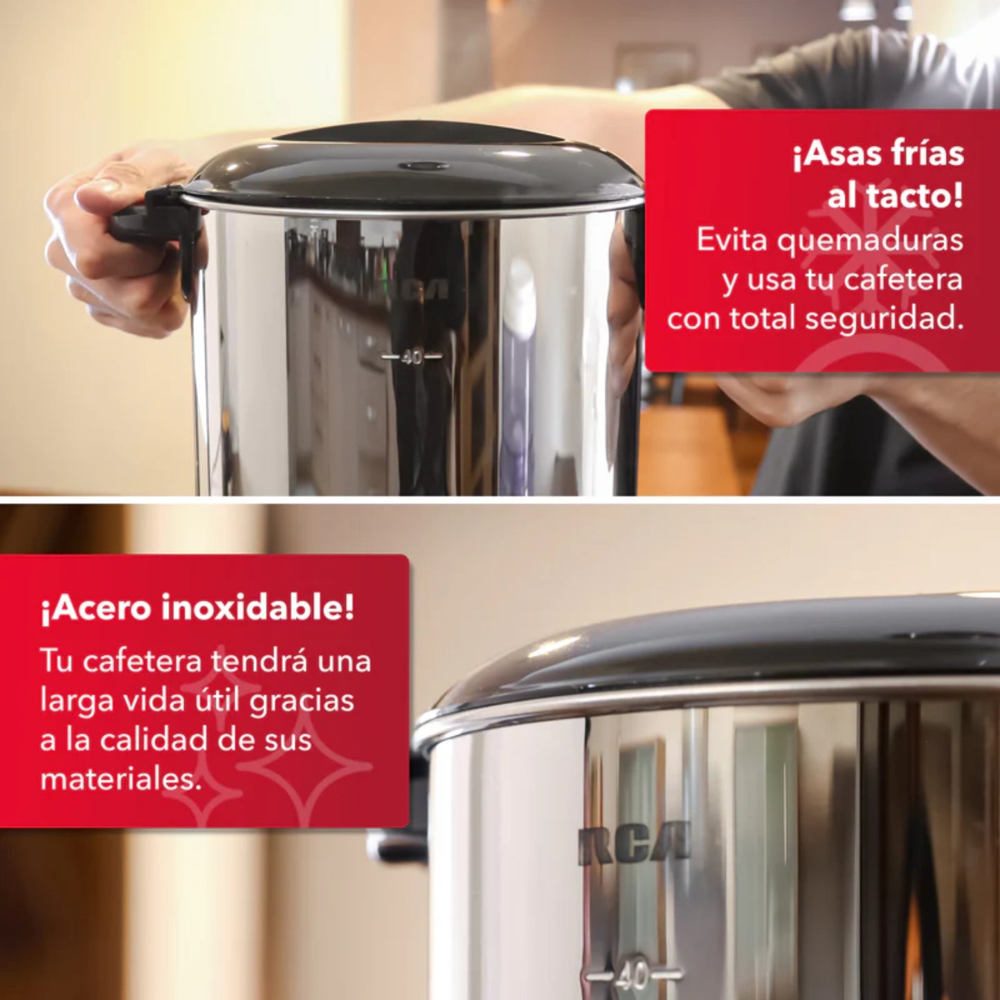 Percoladora RCA 40 Tazas Acero Inoxidable | 1000W + Asas Frías + Luz Indicadora | Modelo RCUR16