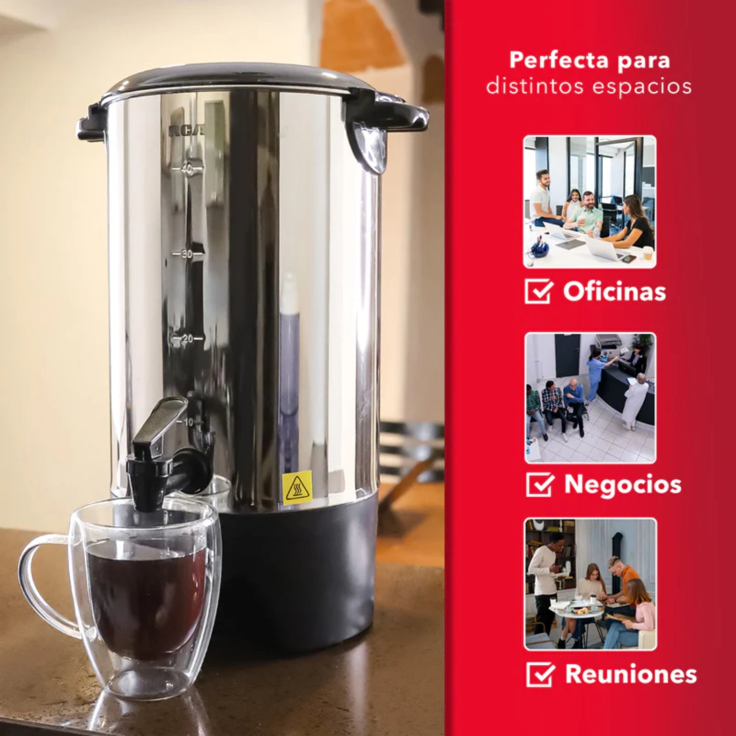 Percoladora RCA 40 Tazas Acero Inoxidable | 1000W + Asas Frías + Luz Indicadora | Modelo RCUR16