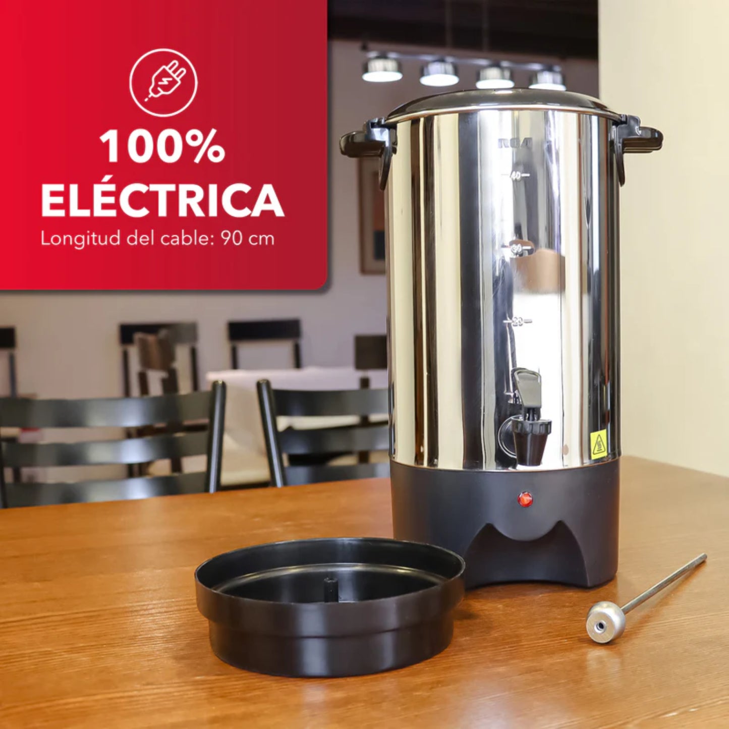 Percoladora RCA 40 Tazas Acero Inoxidable | 1000W + Asas Frías + Luz Indicadora | Modelo RCUR16