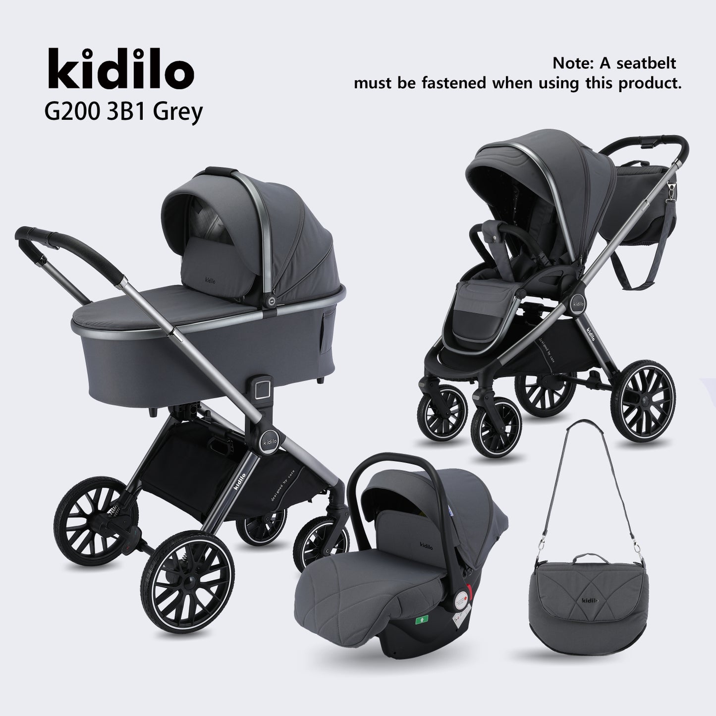 COCHE SET DLUXE 3PZAS GRIS KIDILO