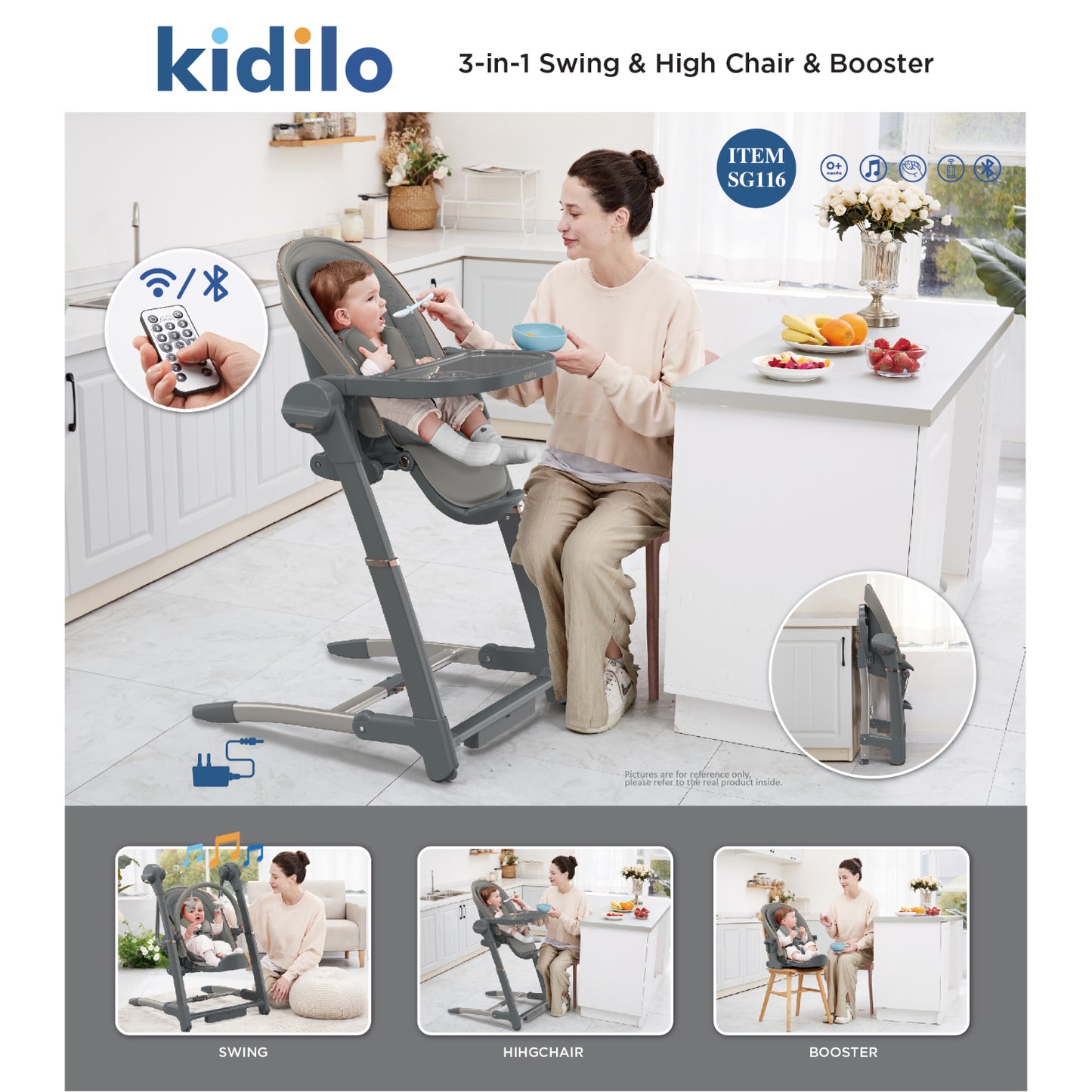 SILLA DCOMER ELECT 3EN1 GRIS OSC KIDI