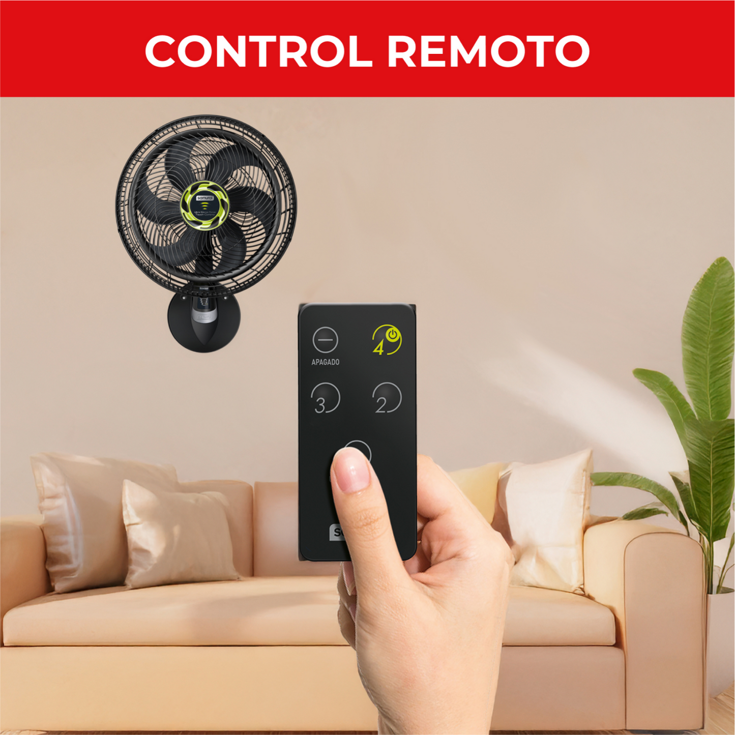 Ventilador de pared 18 pulgadas SAMURAI con control remoto instalado en sala moderna