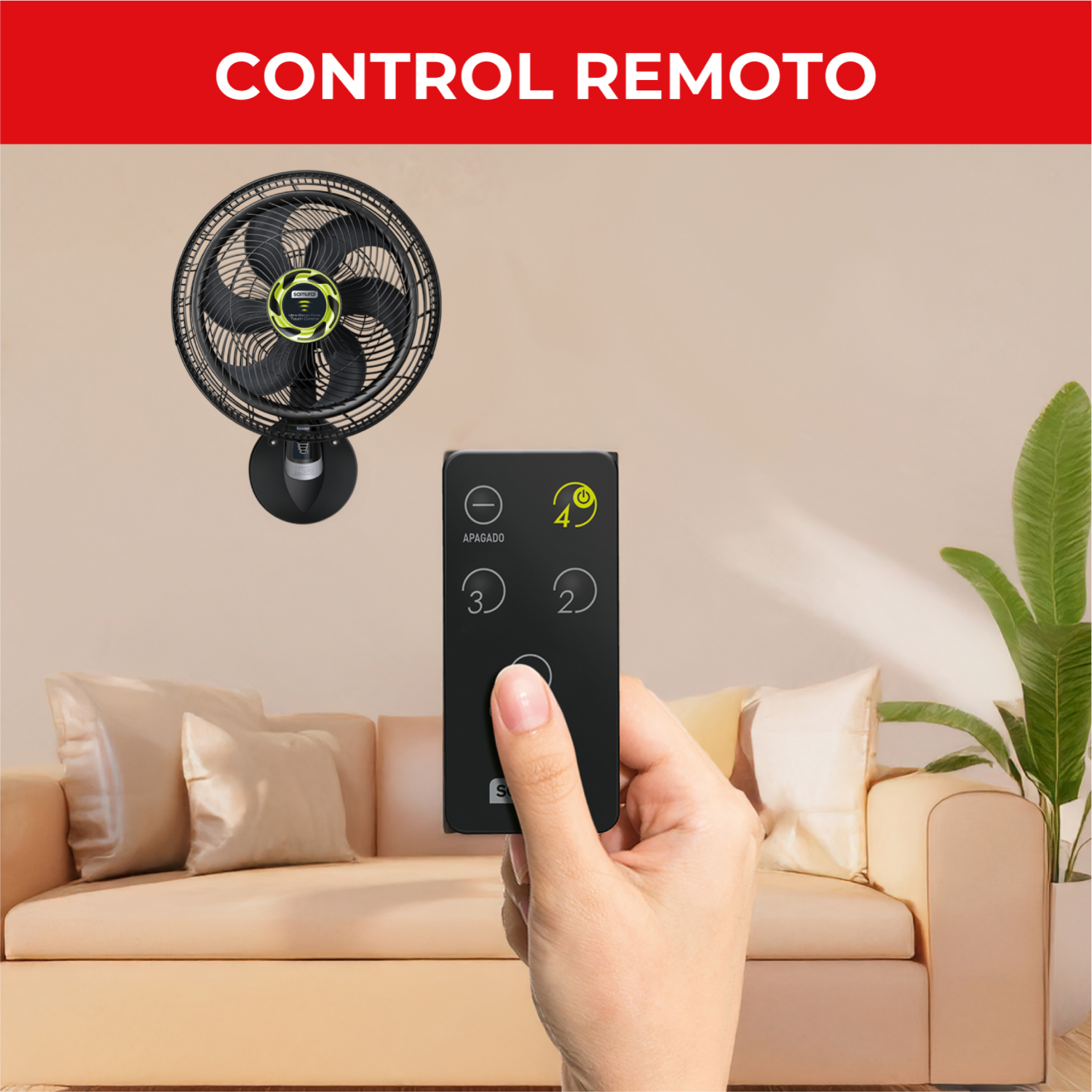 Ventilador de pared 18 pulgadas SAMURAI con control remoto instalado en sala moderna