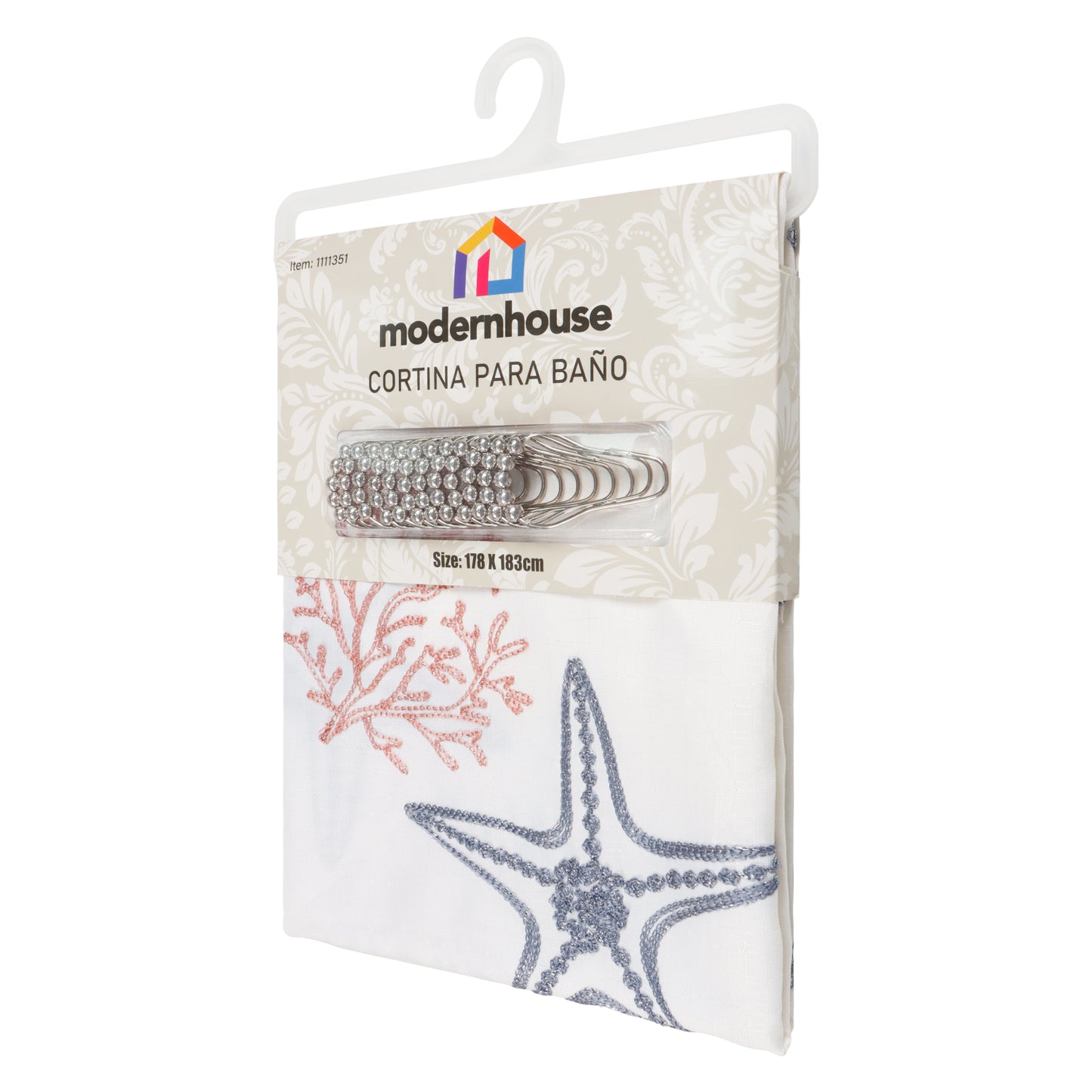 Cortina para Baño Modernhouse Bordado Marino Coral y Azul – 178 x 183 cm
