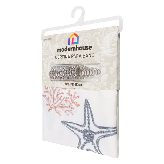 Cortina para Baño Modernhouse Bordado Marino Coral y Azul – 178 x 183 cm