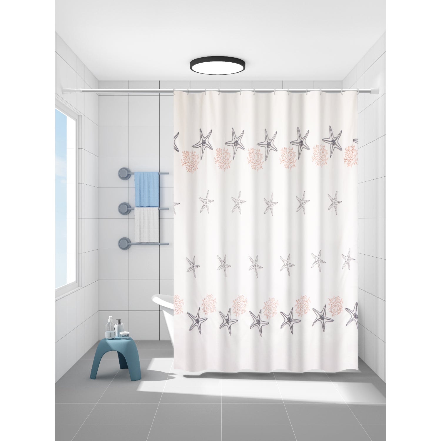 Cortina para Baño Modernhouse Bordado Marino Coral y Azul – 178 x 183 cm