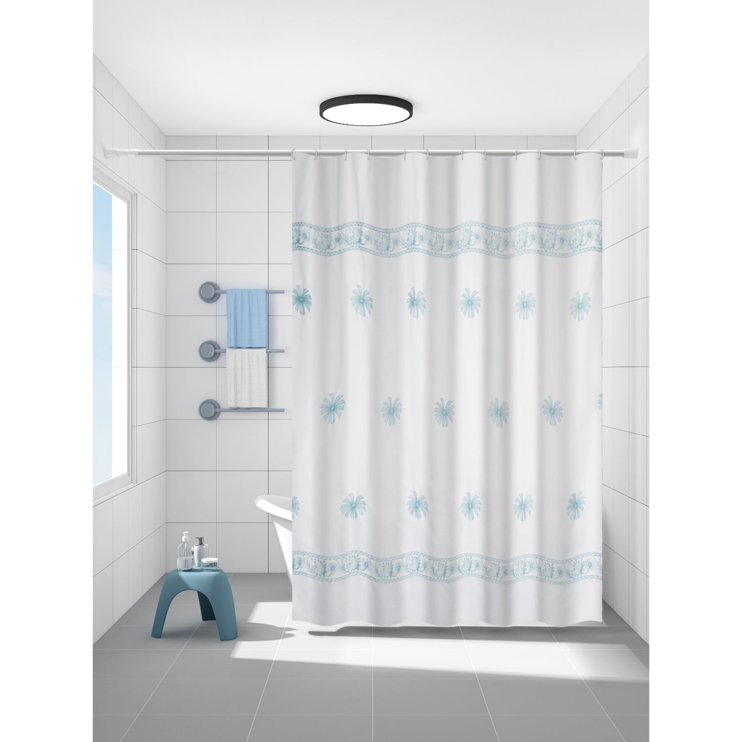 Cortina para Baño Modernhouse Bordado Floral Aqua – 178 x 183 cm