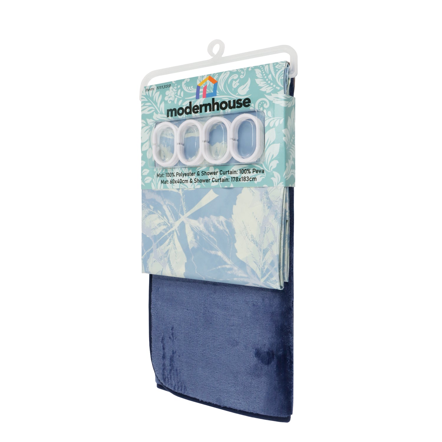 Set de Baño Modernhouse: Cortina 100% PEVA + Alfombra Azul – 2 Pzs