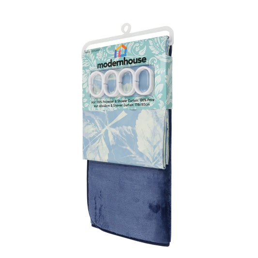 Set de Baño Modernhouse: Cortina 100% PEVA + Alfombra Azul – 2 Pzs