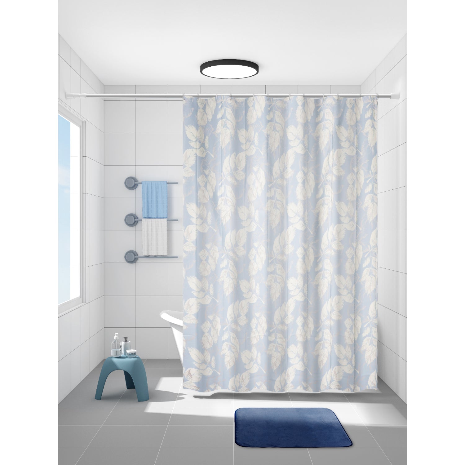 Set de Baño Modernhouse: Cortina 100% PEVA + Alfombra Azul – 2 Pzs