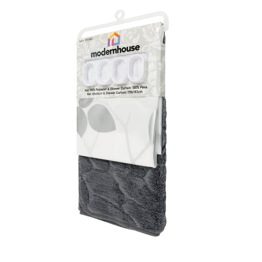 Set de Baño Modernhouse: Cortina 100% PEVA + Alfombra Gris Carbón – 2 Pzs
