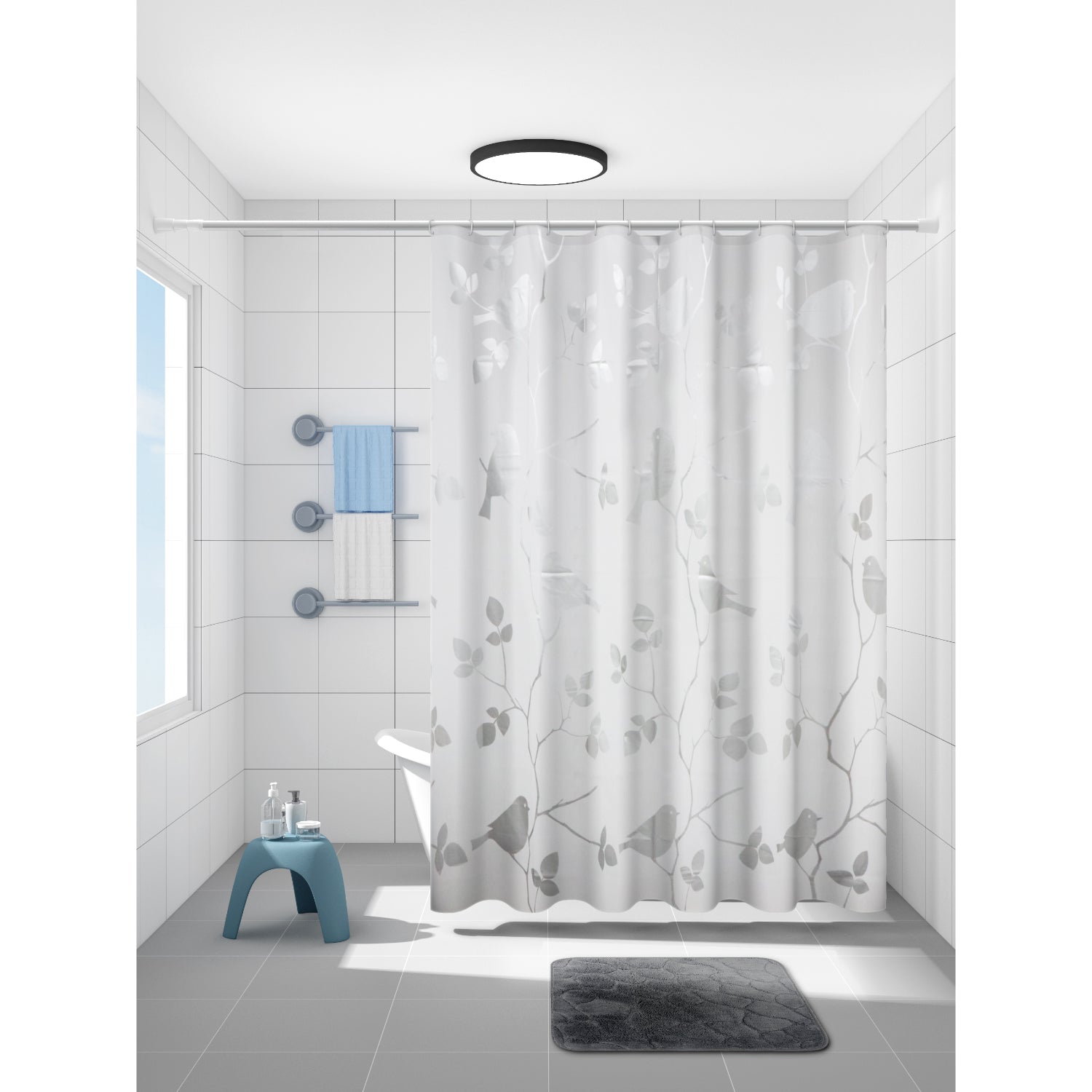 Set de Baño Modernhouse: Cortina 100% PEVA + Alfombra Gris Carbón – 2 Pzs