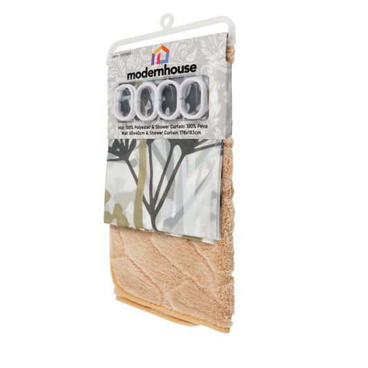 Set de Baño Modernhouse: Cortina 100% PEVA + Alfombra Camel – 2 Pzs