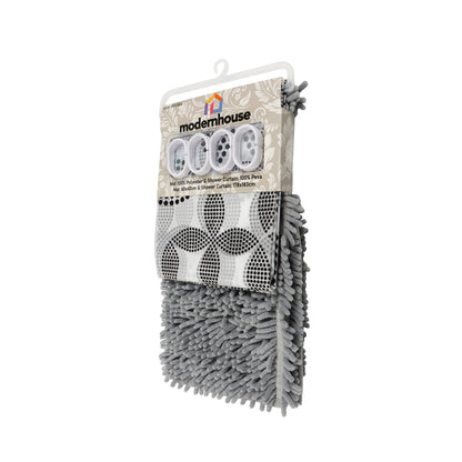 Set de Baño Modernhouse: Cortina 100% PEVA + Alfombra de Chenille Gris – 2 Pzs