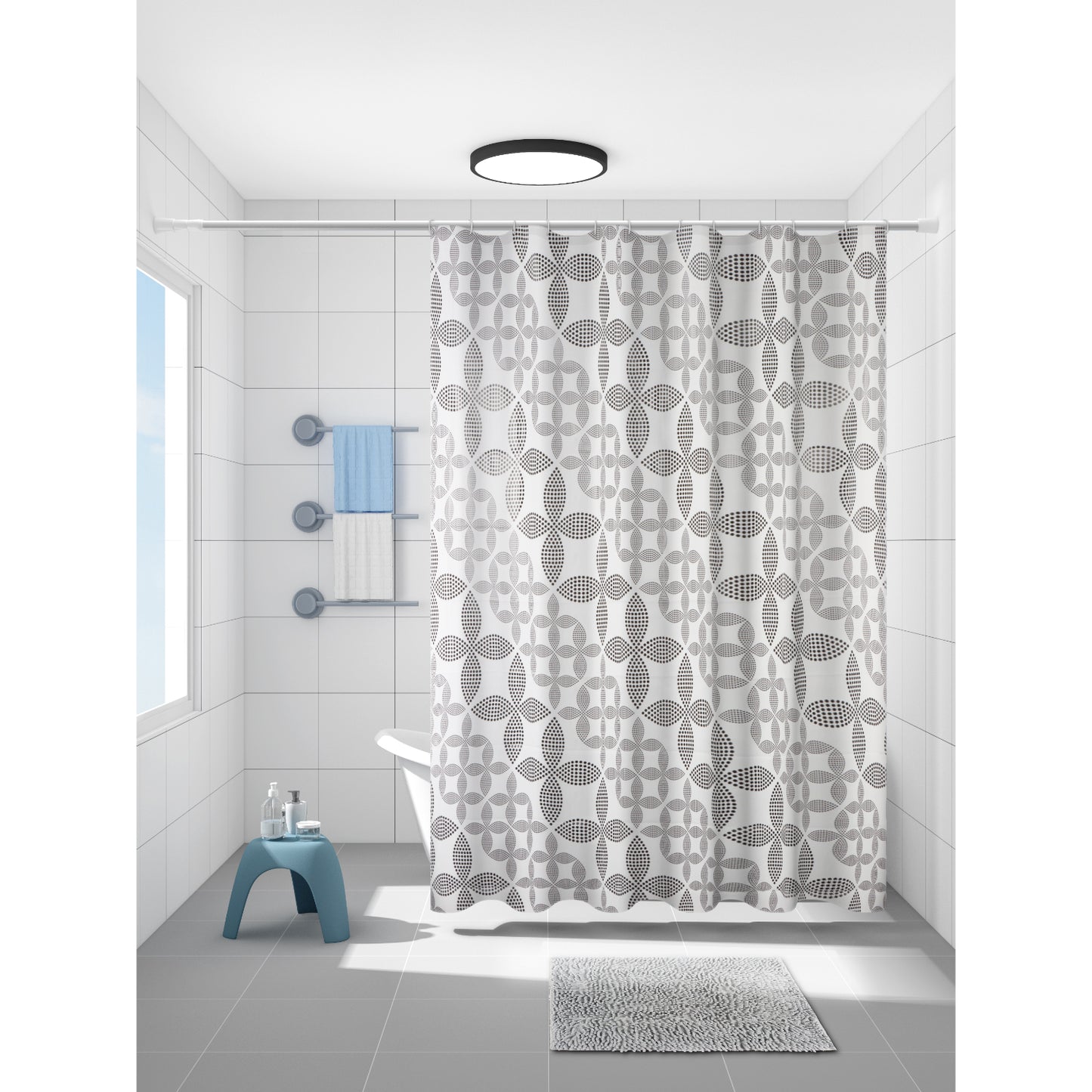 Set de Baño Modernhouse: Cortina 100% PEVA + Alfombra de Chenille Gris – 2 Pzs