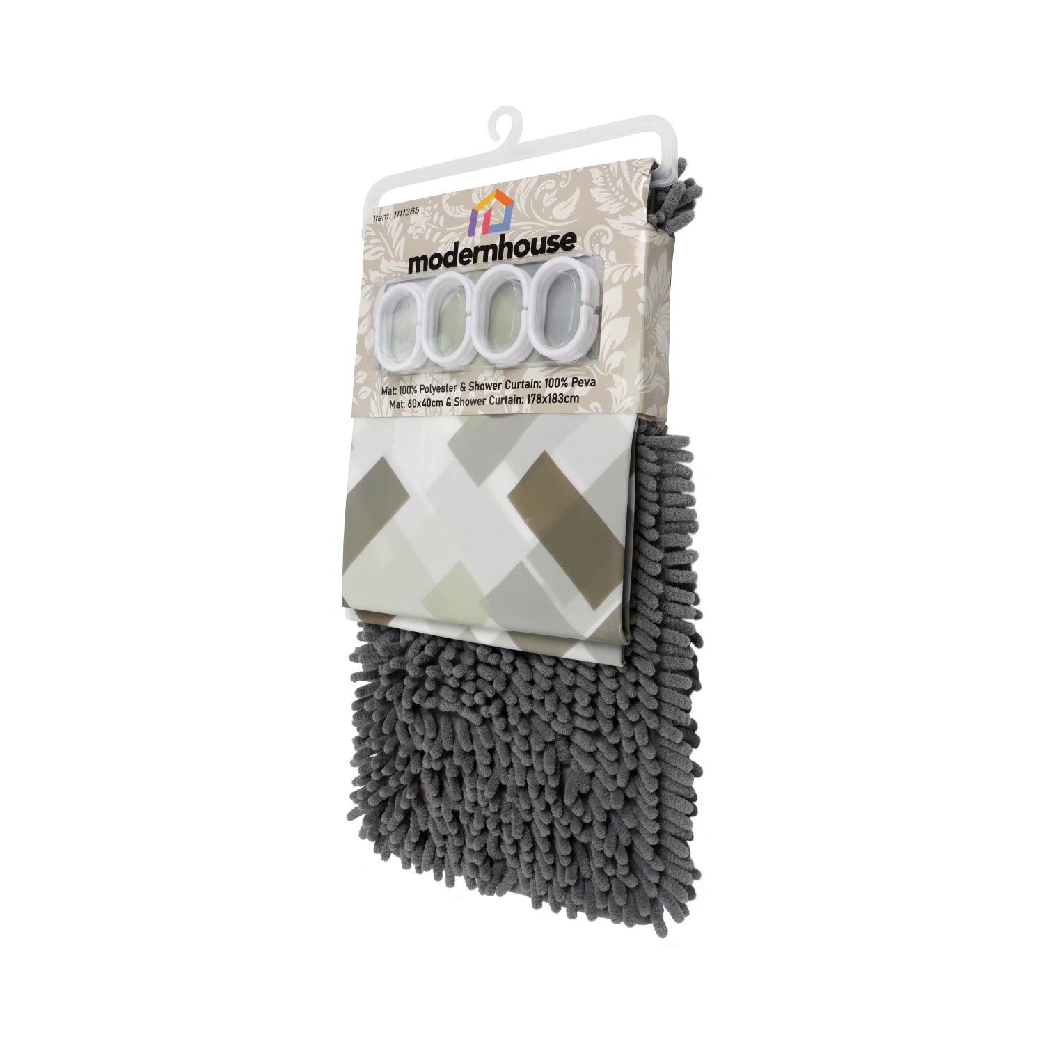 Set de Baño Modernhouse: Cortina 100% PEVA + Alfombra de Microfibra Gris – 2 Pzs