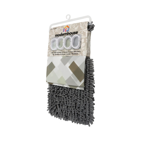 Set de Baño Modernhouse: Cortina 100% PEVA + Alfombra de Microfibra Gris – 2 Pzs