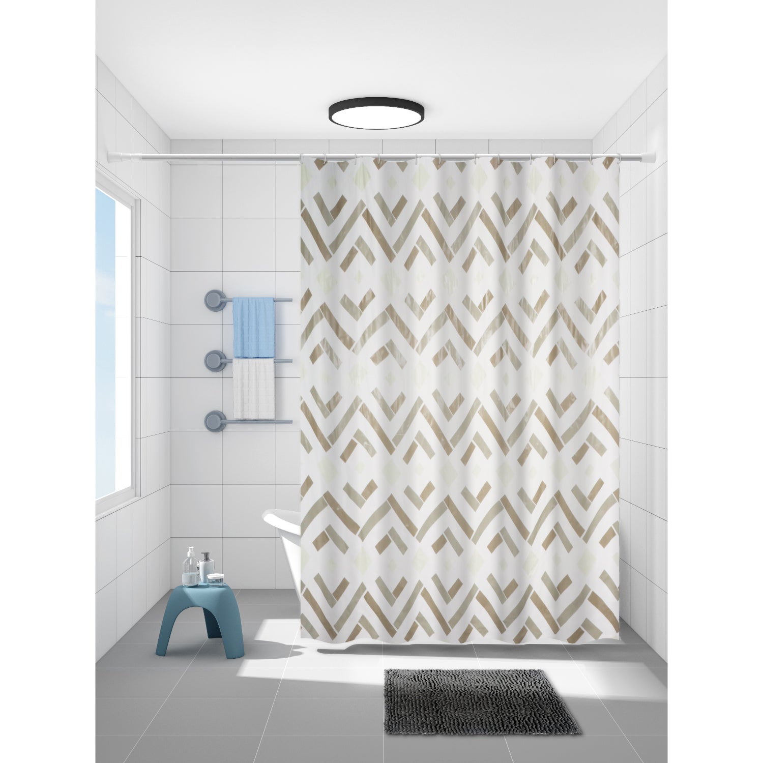 Set de Baño Modernhouse: Cortina 100% PEVA + Alfombra de Microfibra Gris – 2 Pzs