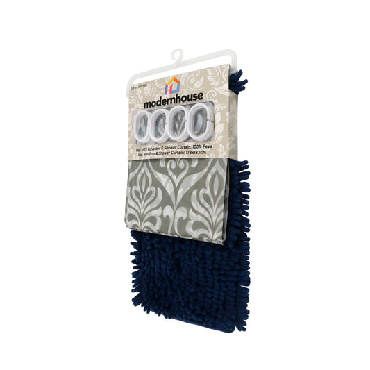 Set de Baño Modernhouse: Cortina 100% PEVA Damasco + Alfombra Chenille Azul Navy – 2 Pzs