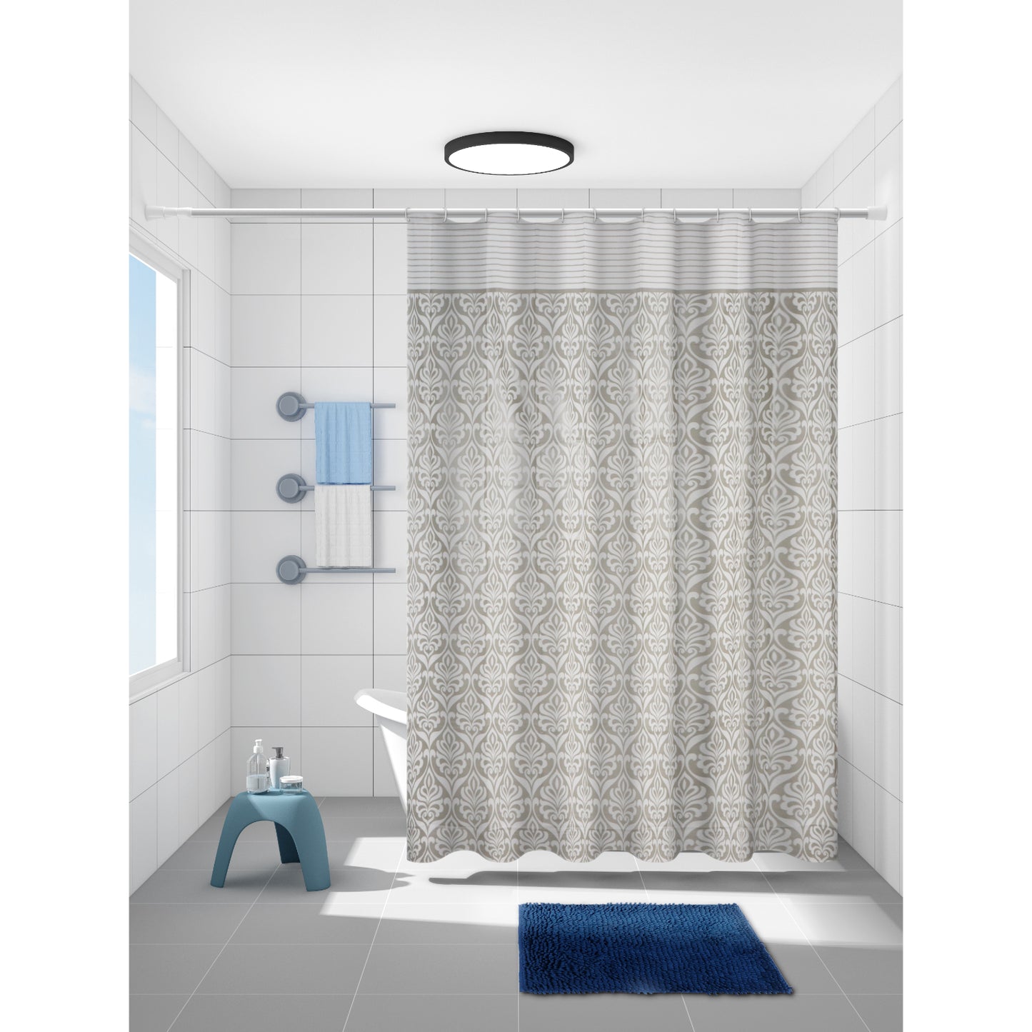 Set de Baño Modernhouse: Cortina 100% PEVA Damasco + Alfombra Chenille Azul Navy – 2 Pzs