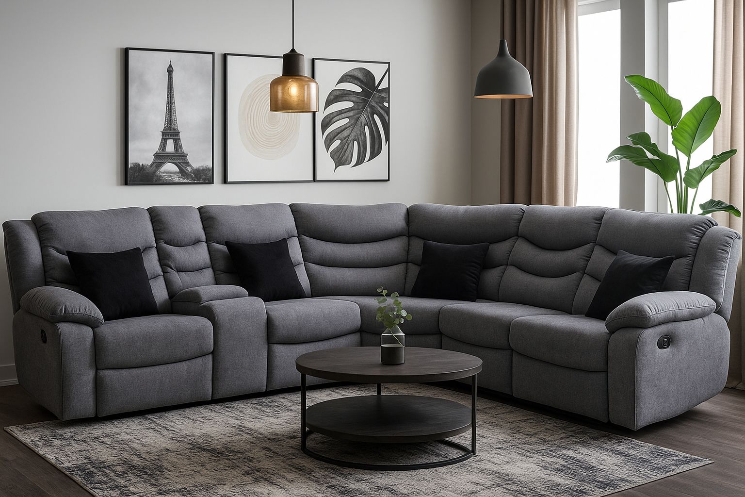 Seccional reclinable gris plata de Muebles Primiun con cojines negros, ideal para salas modernas