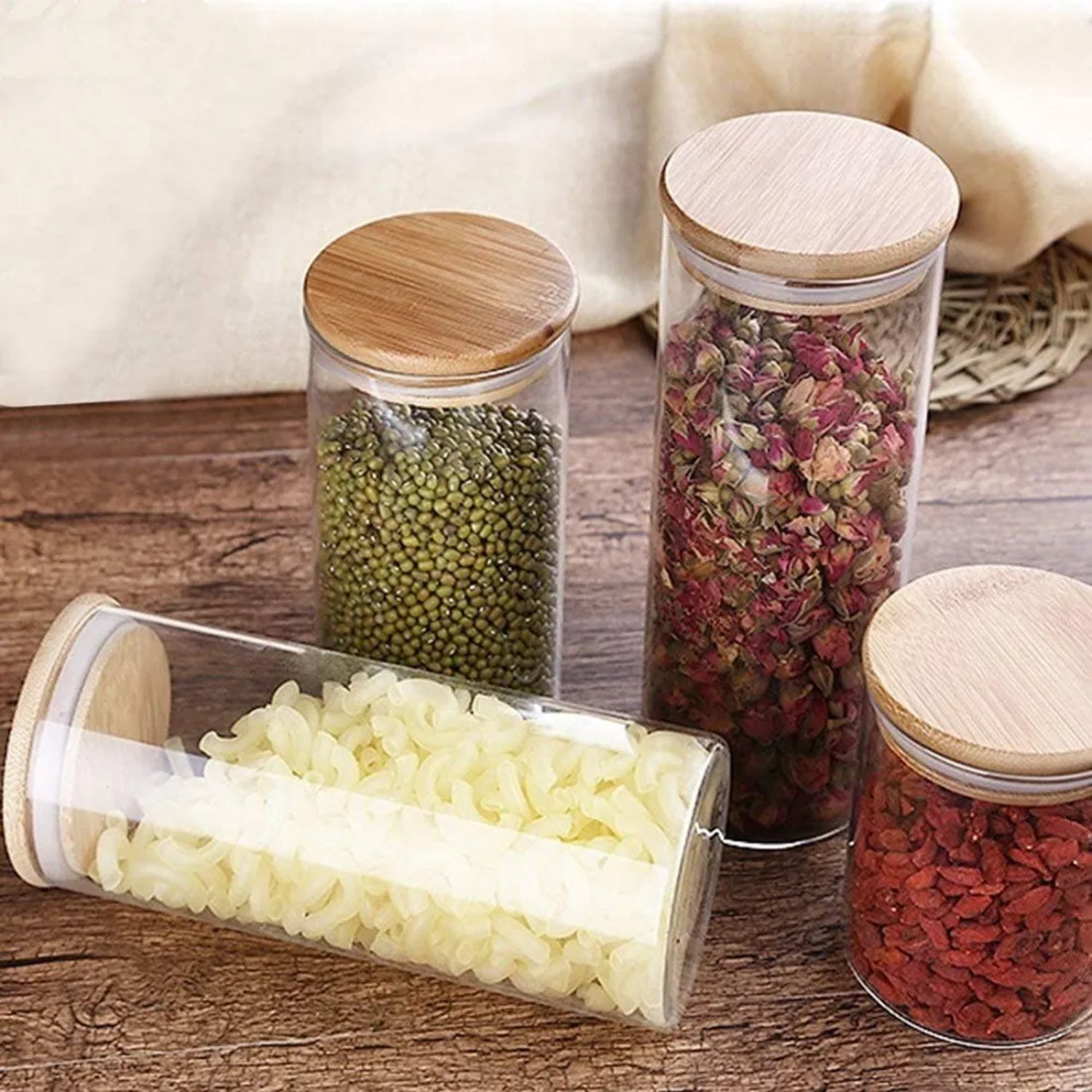 Frascos de vidrio para cocina 10x15cm con tapa de madera y contenido variado