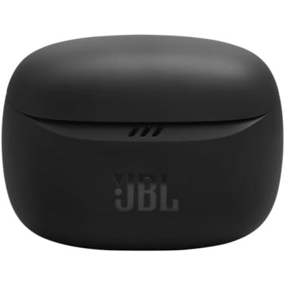Estuche negro de audífonos inalámbricos JBL, vista frontal.