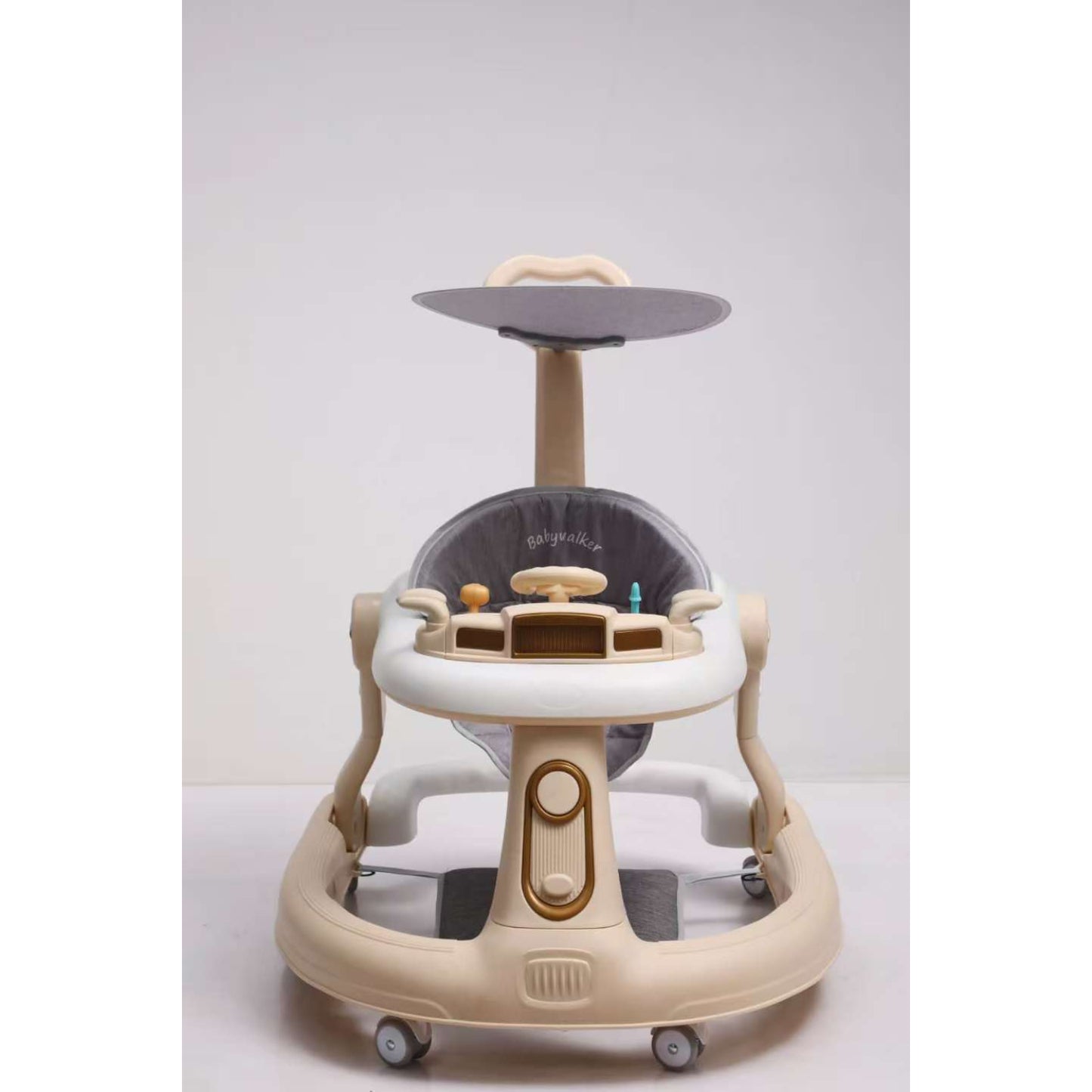 Andador KIDILO beige, vista frontal con mesa de juego para bebés