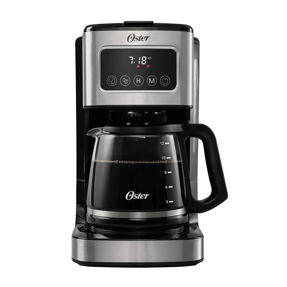 Oster® Cafetera Programable, Pantalla Táctil, Jarra de Vidrio, de 12 Tazas, Negro y Acero Inoxidable , BVSTDC4403