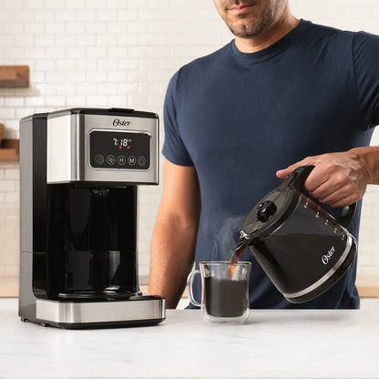 Oster® Cafetera Programable, Pantalla Táctil, Jarra de Vidrio, de 12 Tazas, Negro y Acero Inoxidable , BVSTDC4403