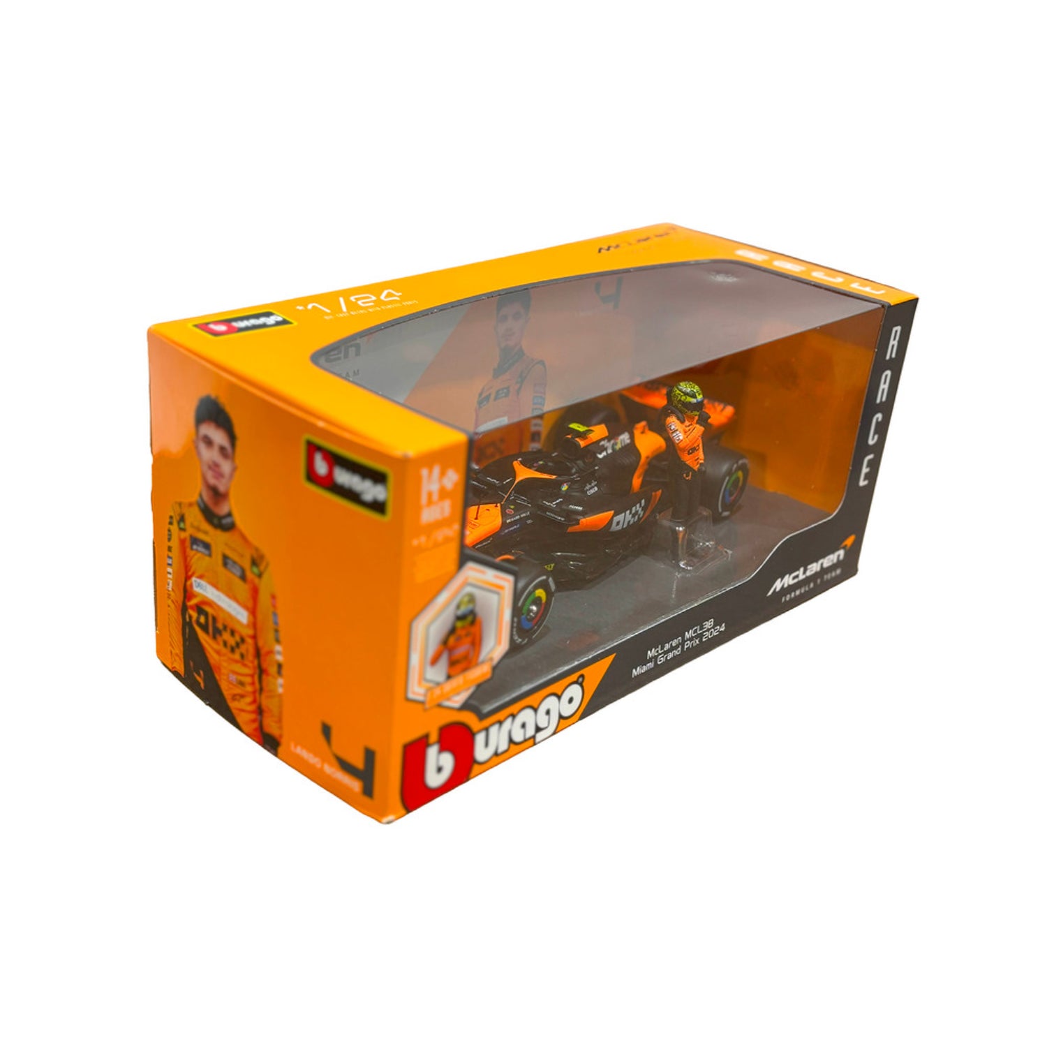 Carro F1 McLaren naranja, modelo de colección en caja, vista frontal