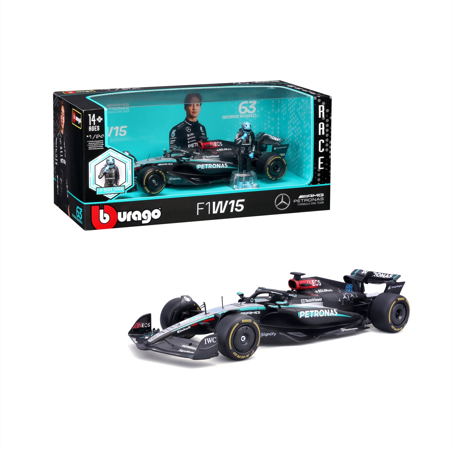 CARRO F1 A ESCALA 1:24 MERCEDES W15-2024 C/FIGURA
