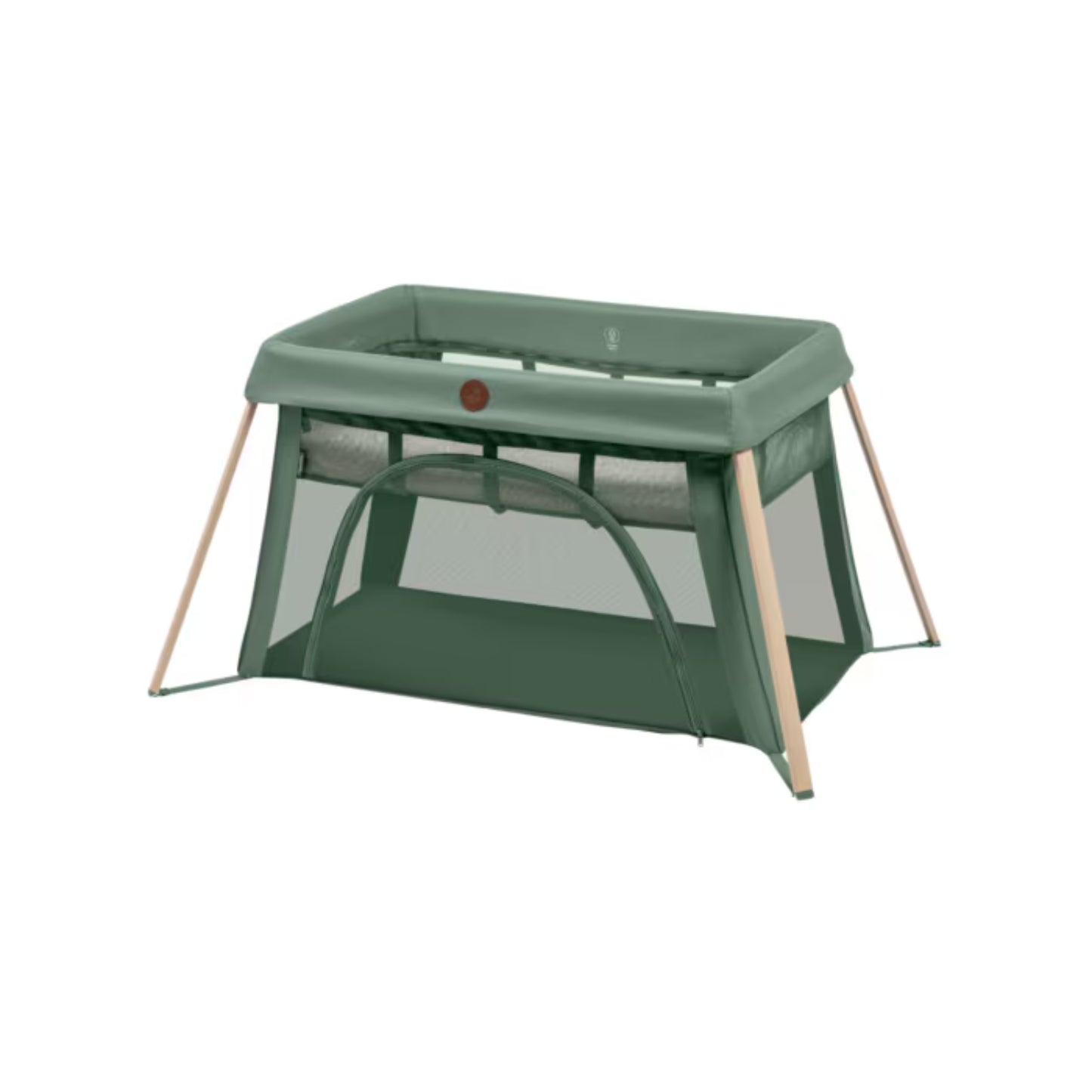 Corral verde MAXI COSI con estructura de madera y vista frontal