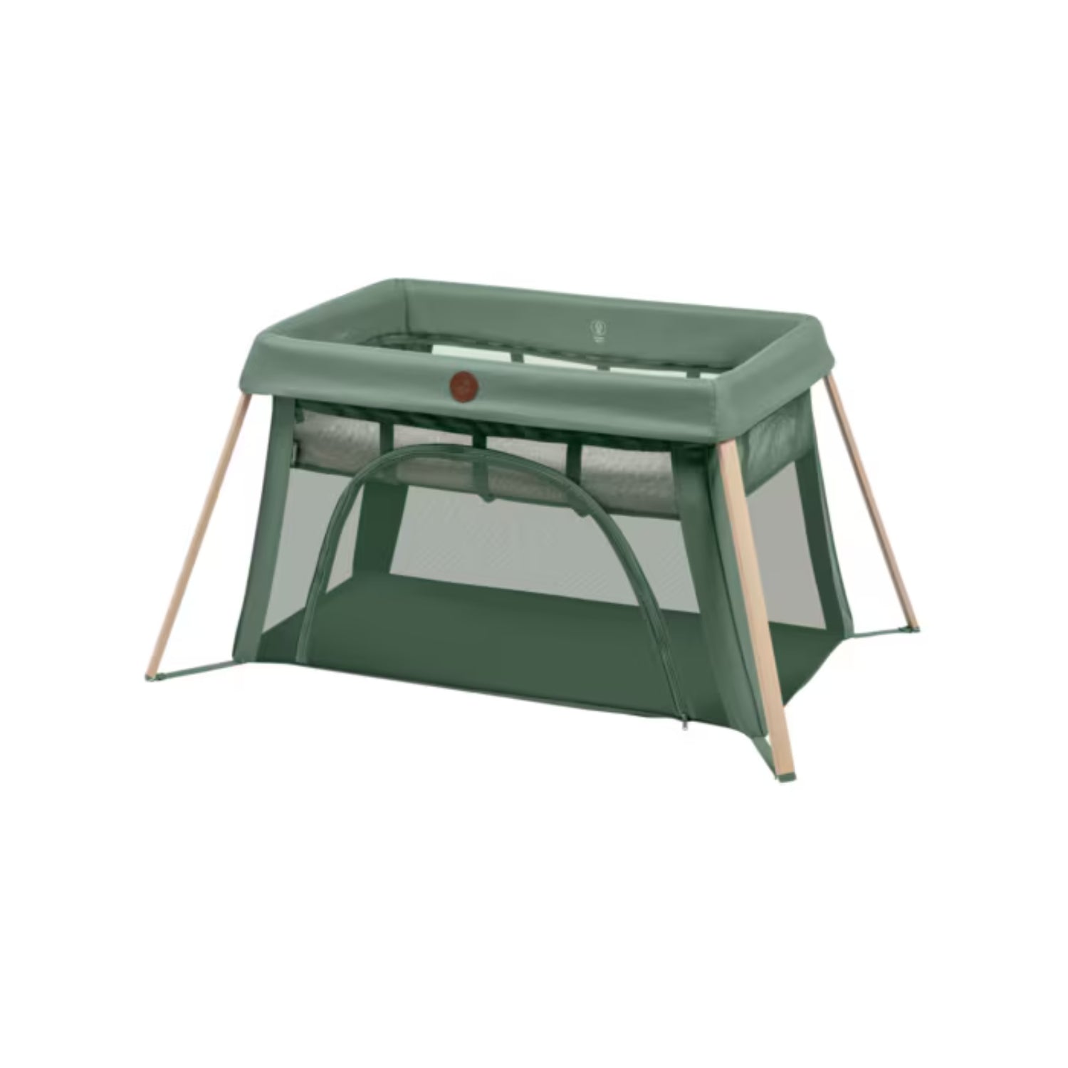 Corral verde MAXI COSI con estructura de madera y vista frontal