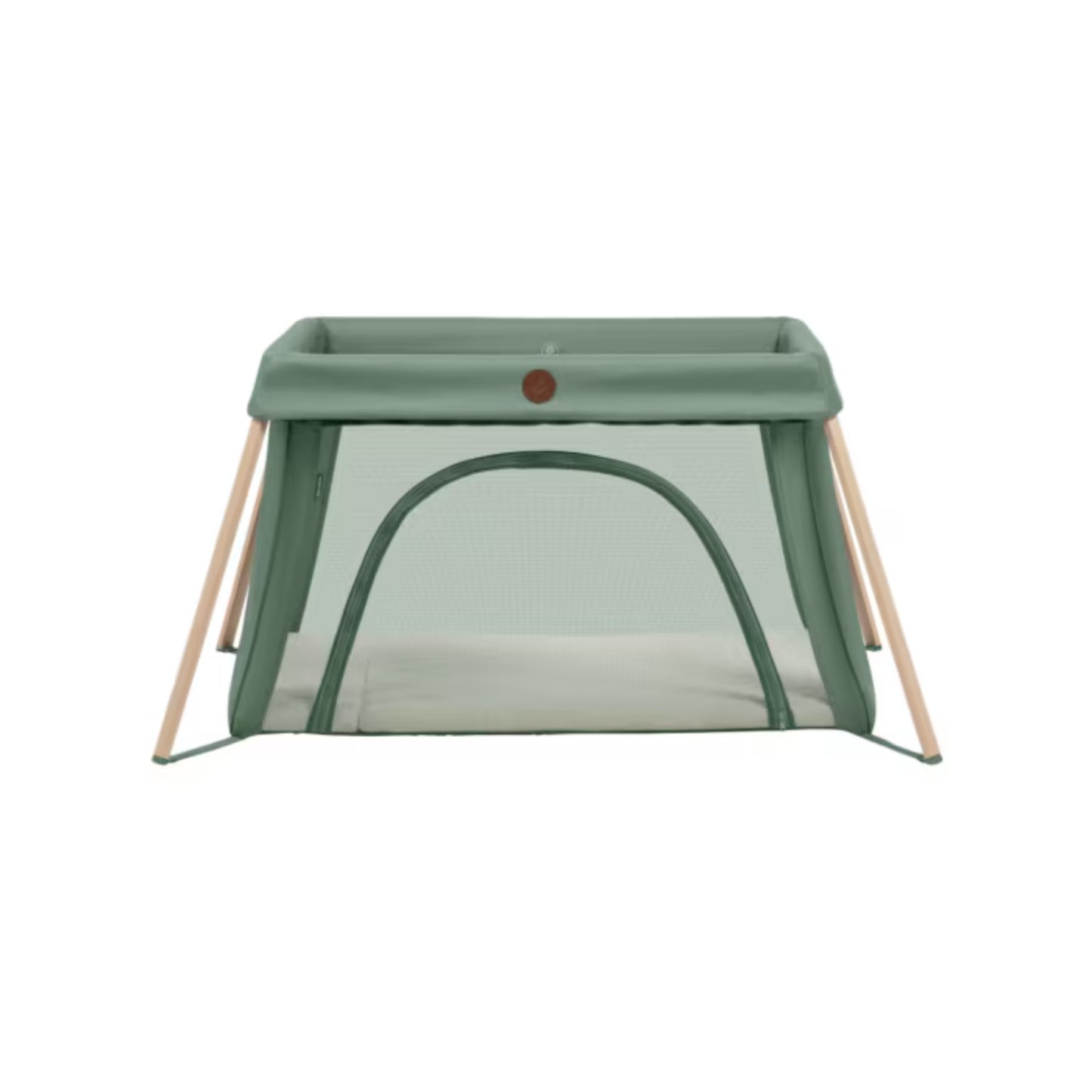 Corral verde MAXI COSI vista frontal, ideal para descansos de bebés en interiores y exteriores