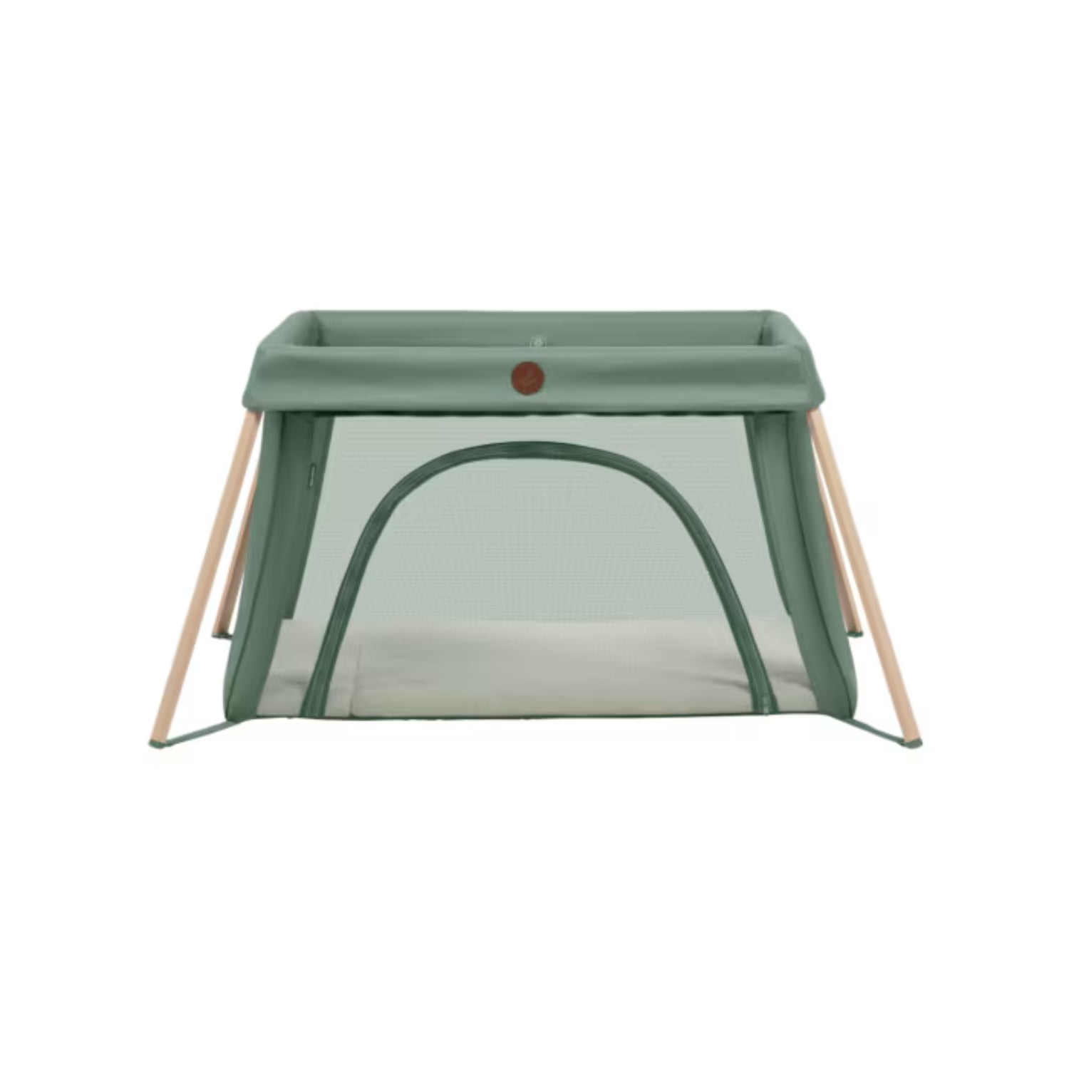 Corral verde MAXI COSI vista frontal, ideal para descansos de bebés en interiores y exteriores