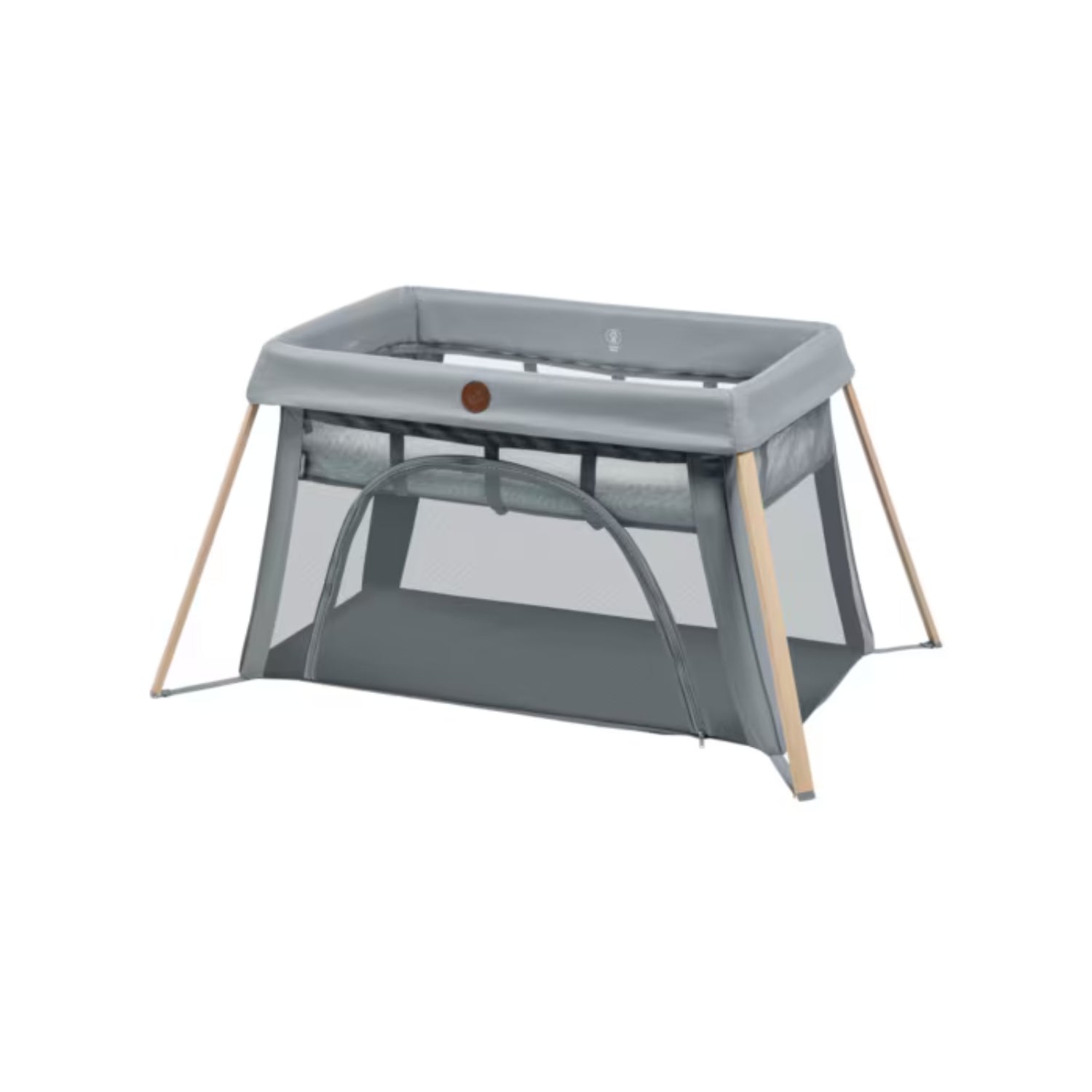 Corral gris MAXI COSI con estructura de madera y vista lateral, ideal para bebés