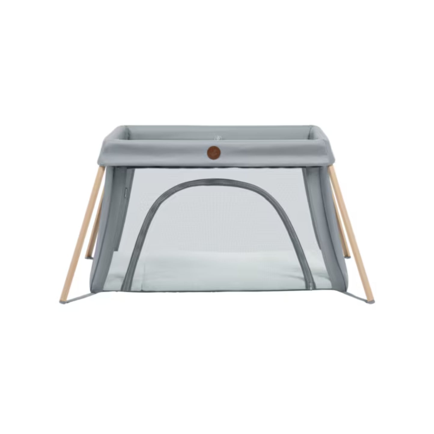 Corral gris MAXI COSI, vista frontal con estructura de madera y malla transpirable
