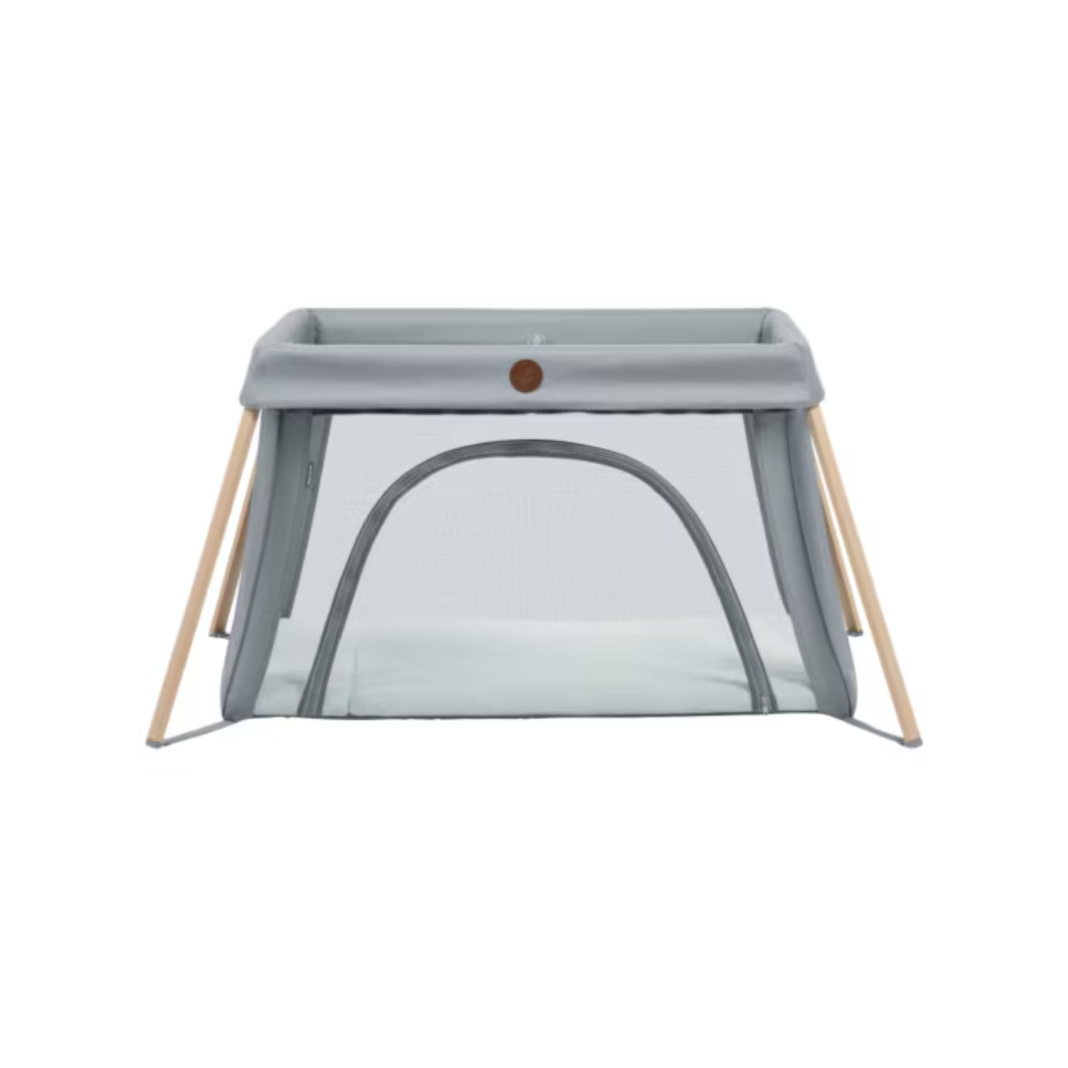 Corral gris MAXI COSI, vista frontal con estructura de madera y malla transpirable